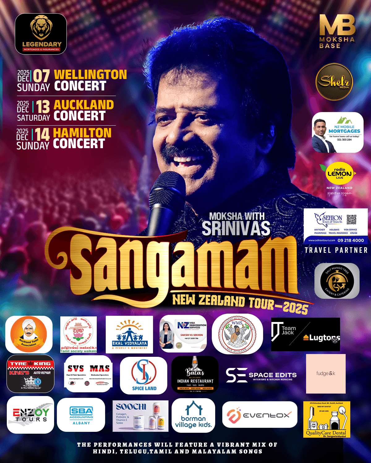Sangamam 2025 New Zealand Tour Sponsors - Moksha Base and Shelz Media